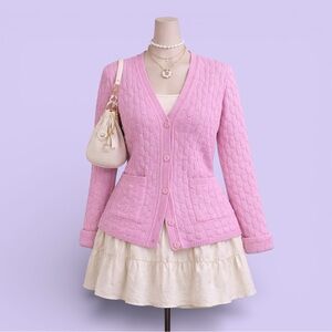 Vintage Pink Waffle Knit Button Cardigan | Size L